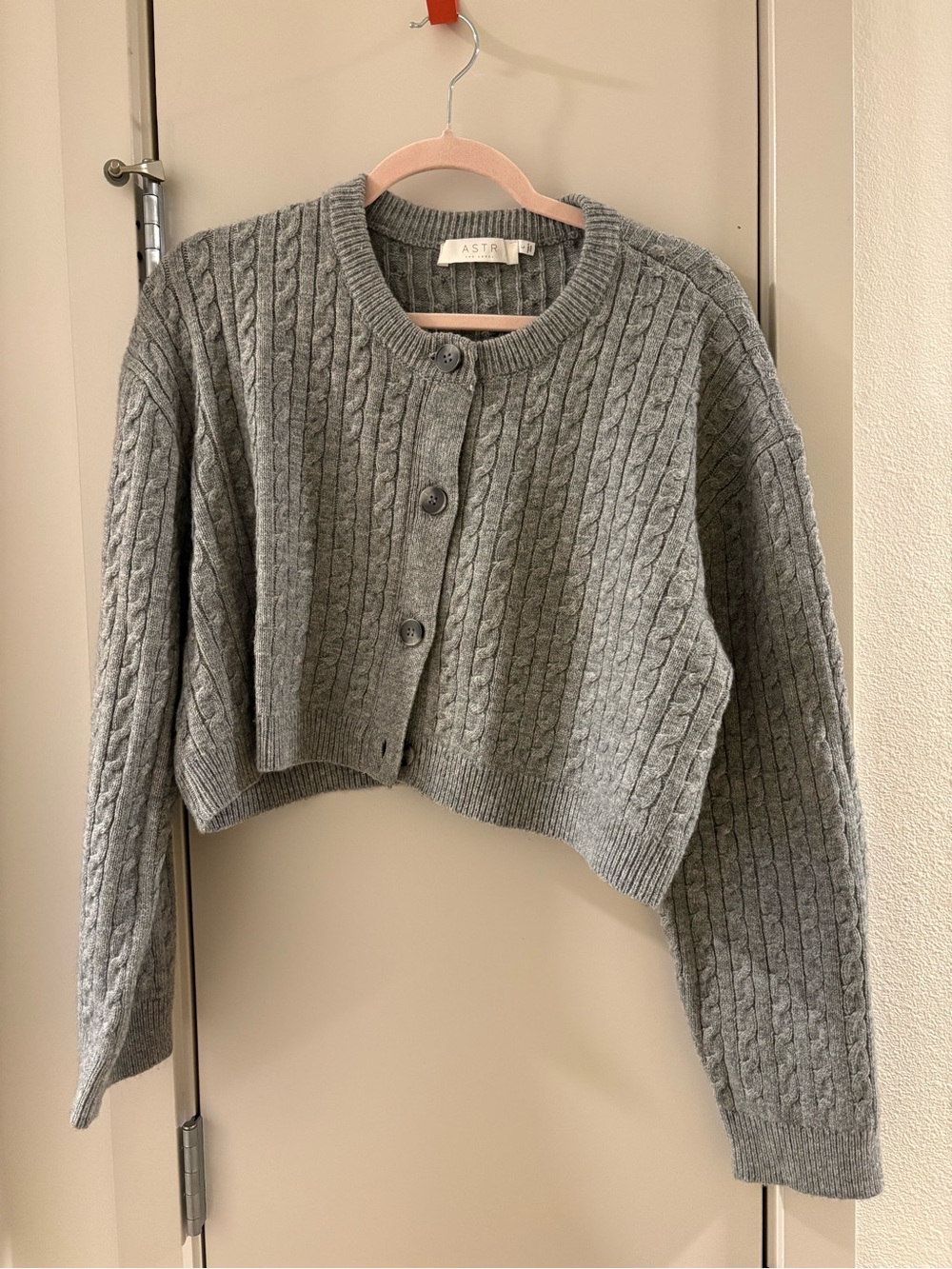 Astr Gray Cable-Knit Cropped Button-Up Cardigan